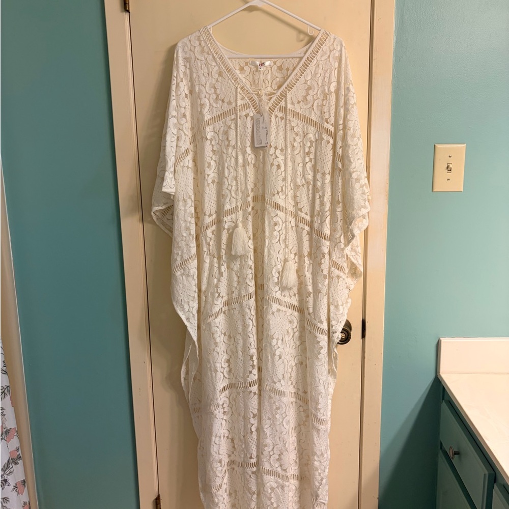 Cream Lace Kaftan Swim Cover-Up with Tassel Tie